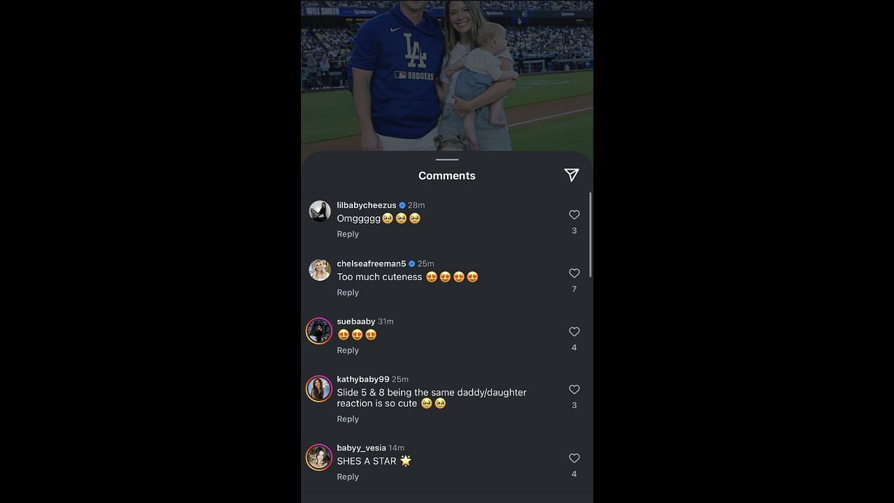 Screenshot of Chase Bellinger, Chelsea Freeman, and Kayla Vesia's comments on Cara Smith's Instagram post (Image from - Instagram.com/@caramartinellsmith)